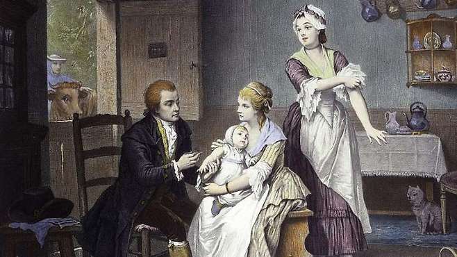 아이에게 우두를 접종하는 에드워드 제너. (출처: Unknown author, 삽화(1800년경), 삽화, Wikimedia Commons, Public Domain)