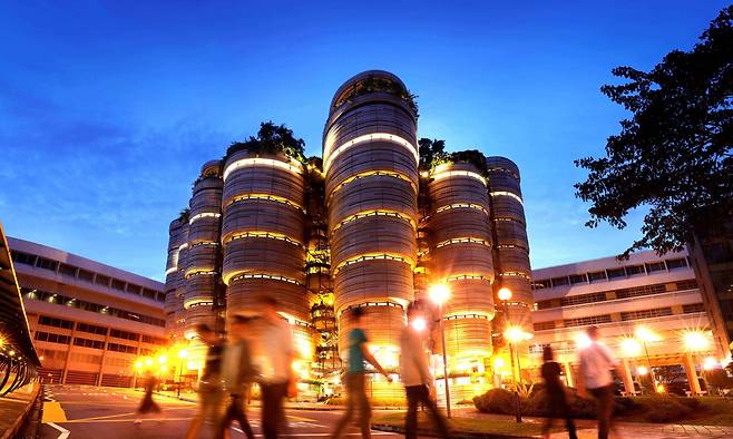 싱가포르 난양공대의 복합 강의, 학습 빌딩인 하이브(The Hive). 영국의 세계적인 건축가인 토머스 헤더윅이 설계했다./싱가포르 난양공대