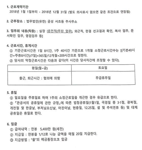 오동운 공수처장 후보자 배우자 김모씨의 법무법인 금성 근로계약서 일부. 사진 박주민 더불어민주당 의원실
