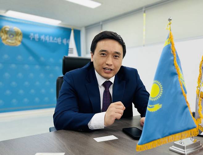 Kazakhstan's Vice Minister of Industry and Construction Azamat Beispekov,speaks in an interview with The Korea Herald at Kazakh Embassy in Yongsan-gu, Seoul on Thursday. (Kazakh Embassy in Seoul)