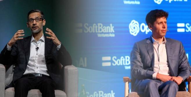 순다르 피차이(왼쪽) 구글 최고경영자(CEO)와 샘 알트먼 오픈AI 최고경영자(CEO). [로이터, 소프트뱅크벤처스 제공]