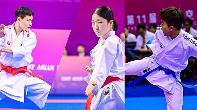 '제11회 동아시아가라테선수권대회'에 출전해 은메달을 획득한 황태연(사진 맨 왼쪽)과 동메달을 차지한 최하은(사진 가운데), 은메달을 따낸 박건호. 대한가라테연맹