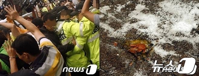 2012년 9월 15일 울산 중구의 한 다세대 주택에서 실시된 '울산 자매 살해범' 김홍일의 현장검증은 분노한 유족과 피해자 친구들이 던지 계란과 소금, 울부짖음으로 아수라장이 됐다. ⓒ 뉴스1