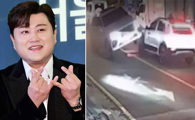 김호중(왼쪽)의 사고 당시 CCTV 화면. 보도 화면 캡처
