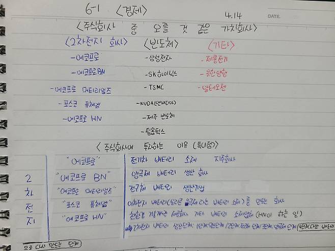 김지환 교사가 학교에서 '열세살의 노후대비' 금융 교육을 하자 한 제자가 직접 만든 투자노트. 김 교사는 이 교육 프로그램에서 실제 주가와 연계한 모의 투자를 진행하는데 이에 한 학생이 여러 기업을 조사해 주가가 오를 것 같은 기업들의 특성을 정리했다. /김지환 교사 제공