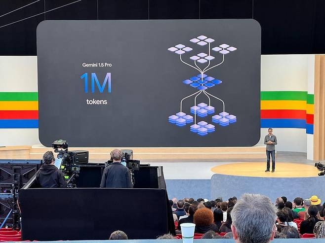 순다르 피차이 구글 최고경영자(CEO)가 14일(현지시간) 미국 캘리포니아주 마운틴뷰 쇼어라인 엠피씨어터에서 열린 '구글 연례 개발자 회의(I/O)'에서 키노트 연설을 하고 있다. /연합뉴스