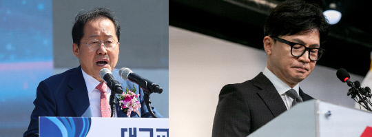 홍준표 대구시장(왼쪽)과 한동훈 전 국민의힘 비상대책위원장. 연합뉴스