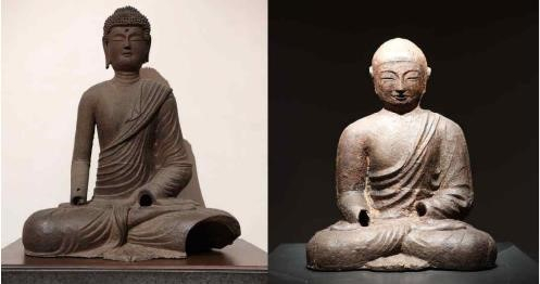 Two Buddhist statues with their hands missing at the National Museum of Korea in Yongsan District, central Seoul [YONHAP/HEUNGLYONG TEMPLE]