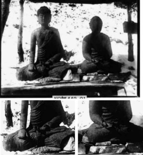 A 1924 photo of the statues taken after being excavated at Heunglyong Temple in Pocheon, Gyeonggi, show the Buddhist statues with intact hands [YONHAP/HEUNGLYONG TEMPLE]