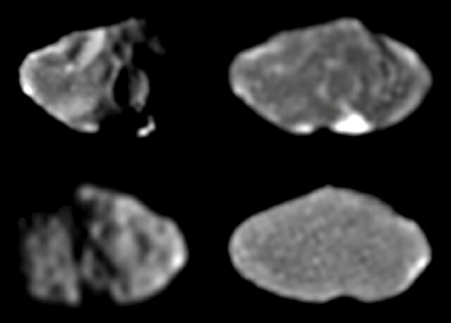 NASA 갈릴레오 우주선이 촬영한 아말테아 위성 사진. 모두 다른 방향에서 촬영된 사진으로 아말테아는 불규칙한 감자 모양을 띄고 있다 (사진=NASA/JPL/코넬대학)