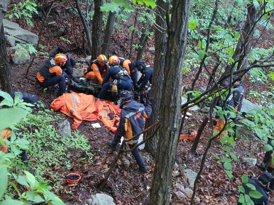 계룡산에서 등산을 하던 80대 등산객 A 씨가 조난을 당해 구조됐지만 결국 사망하는 사고가 발생했다. 사진은 출동한 소방대원들이 구조작업을 벌이고 있다. 계룡소방서 제공