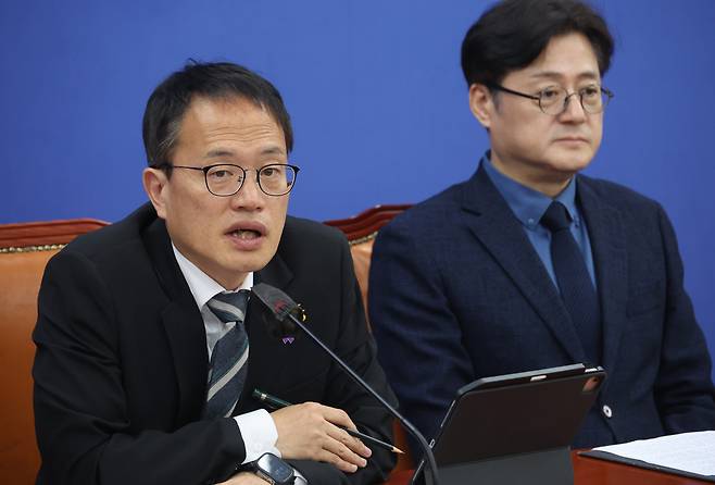 박주민 더불어민주당 의원이 지난 2일 국회에서 열린 정책조정회의에서 발언하고 있다. [연합]