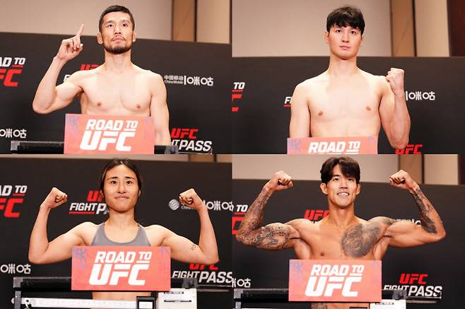 로드 투 UFC 시즌3에 나서는 한국인 파이터가 계체를 통과한 뒤 포즈를 취하고 있다. 왼쪽 위부터 시계방향으로 홍준영, 김한슬, 송영재, 서예담. 사진=UFC