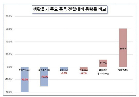 생활물가 주요 품목 전월 대비 등락률 비교. 한국물가협회 제공