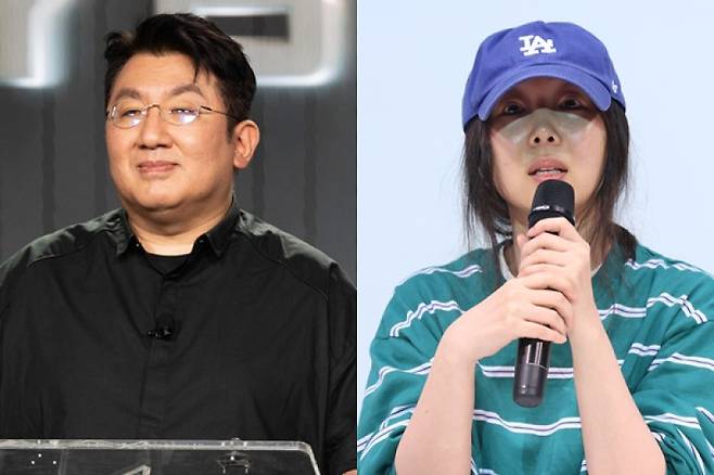 방시혁 의장(왼쪽), 민희진 대표. (사진제공=하이브, IS포토)&nbsp;