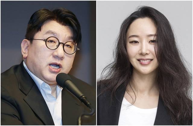 하이브 방시혁(왼쪽) 의장과 어도어 민희진 대표(오른쪽). 양측이 17일 열린 의결권 행사 금지 가처분 신청 심문기일에서 법적 공방을 이어갔다. 뉴시스 하이브 제공