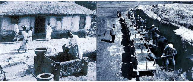 1960년대엔 마을마다 우물이 있었고 아낙들은 아침저녁으로 물을 길러 가족의 식수로 사용했다(왼쪽). 새마을운동이 활발하던 1970년대 마을주민이 모여 물길이 되는 수리시설을 만들기 위해 삽질을 하고 있다. 한국 농업·농촌 100년사 근대 농업·농촌 사진, 한국농촌경제연구원 광복 70년 사진전 자료