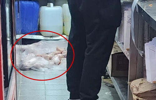 유명 치킨 프랜차이즈의 한 점포에서 생닭들을 더러운 바닥에 방치한 채 튀김 작업을 하는 모습이 소비자의 폭로로 드러났다. 빨간 동그라미 안이 생닭들.<인터넷 캡처, 연합뉴스>