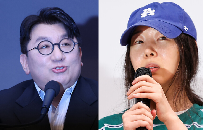 하이브 방시혁 의장(왼쪽, 한겨레)과 어도어 민희진 대표(오른쪽, 연합뉴스)