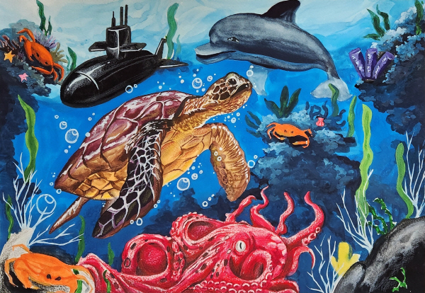 2024 코마린어린이 그림 공모전 장려상 부산 C&C 미술학원 중동캠퍼스 6년 홍재준 ‘다양한 바다생물들과 대장 거북이’