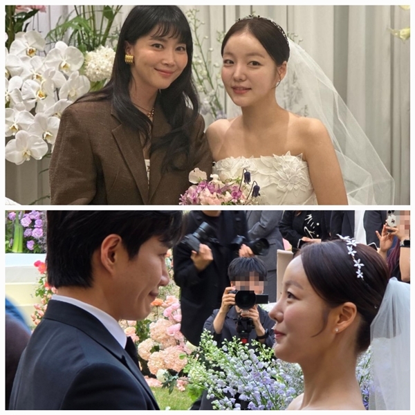 개그맨 김기리와 배우 문지인이 어제 서울에서 화려한 결혼식을 올리면서 공식적으로 부부의 연을 맺었다. / 사진 = 오윤아 SNS, 동료개그맨 제공