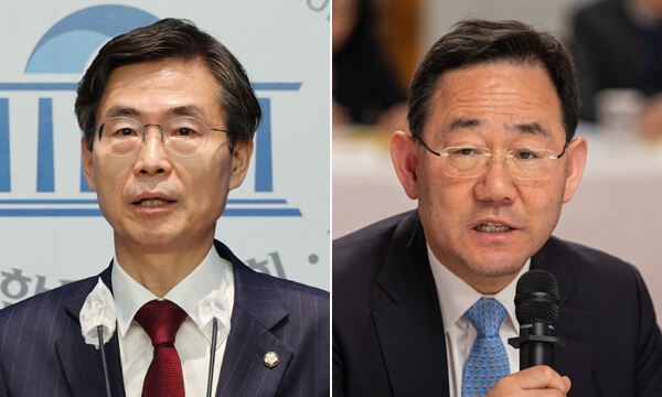 조경태 국민의힘 의원(왼쪽)과 주호영 의원. 연합뉴스