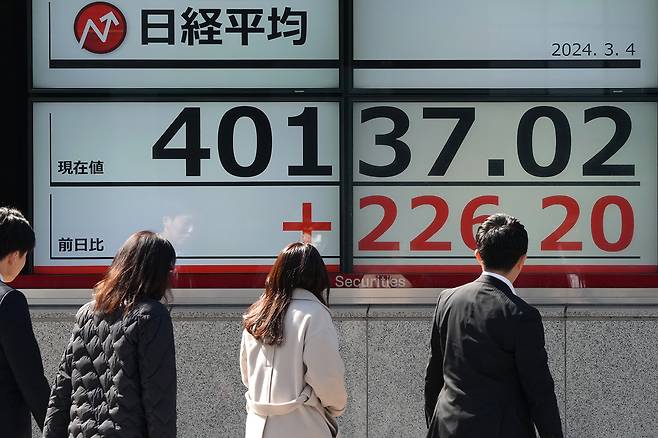 3월4일 일본 도쿄에서 4만 선을 돌파한 닛케이지수가 표시된 전광판 앞을 시민들이 지나고 있다.ⓒEPA