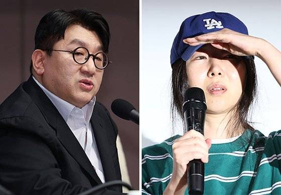 지난달 25일 긴급 기자회견에서 입장을 밝히는 민희진 어도어 대표(오른쪽 사진). 왼쪽 사진은 방시혁 하이브 이사회 의장. 중앙포토·연합뉴스