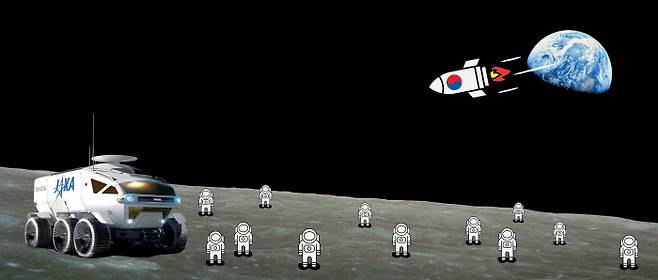 도요타와 일본 우주항공연구개발기구(JAXA) 등이 개발 중인 월면차 ‘루나 크루저’가 달에서 주행하는 상상도.  도요타 제공·그래픽 | 엄희삼 기자