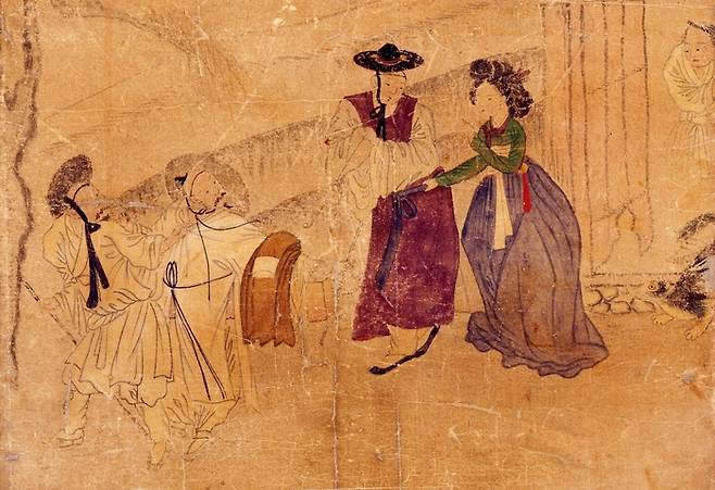 작자 미상 풍속화(조선시대). 술취한 남자들이 기생집에서 싸우고 있다. [국립중앙박물관]