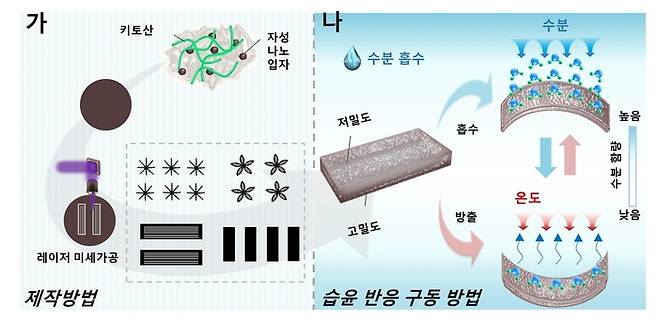 다기능 소프트 의료로봇 제작 과정(왼쪽)과 습윤 반응 구동 메커니즘 개념도.