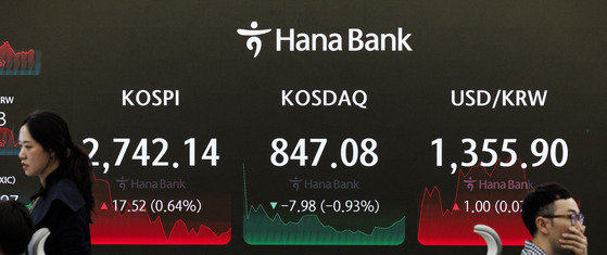 Screens in Hana Bank's trading room in central Seoul show how the stock markets closed on Monday. [YONHAP]