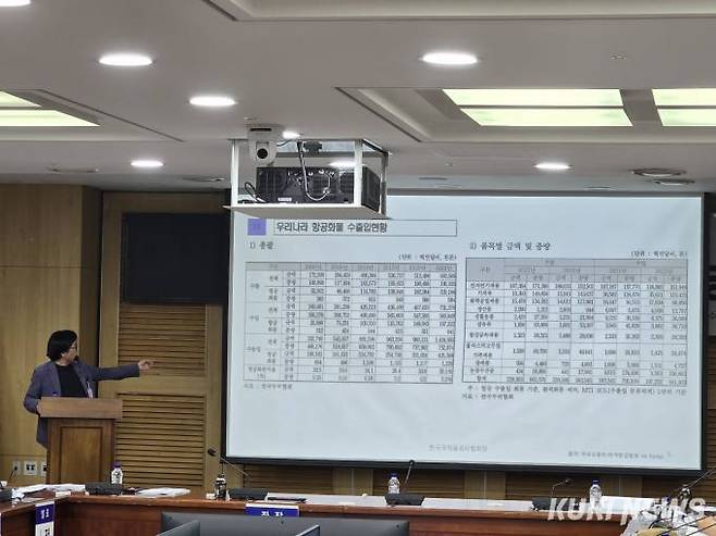 구교훈 한국국제물류사협회장이 20일 열린 '수원군공항 이전 상생 해법 방안 모색' 정책토론회에서 경기국제공항 건립 주장의 부실한 근거에 대해 지적하고 있다.