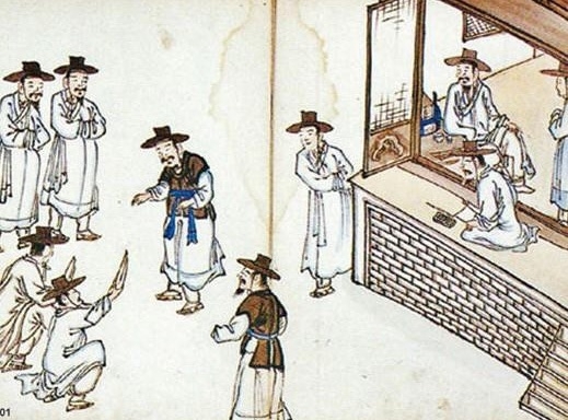 김윤보(1865~1938)의 ‘형정도첩’에 남아 있는 백성이 관아에 소장을 올리는 모습. 국립민속박물관 제공