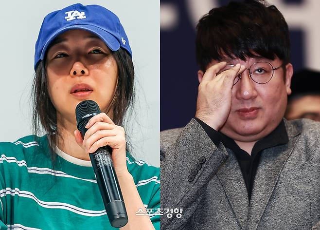 민희진 어도어 대표(왼쪽)과 방시혁 하이브 의장. 사진 이준헌 기자·이선명 기자