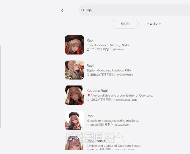'승리의 여신: 니케' 메인 캐릭터 '라피'를 검색하자 많은 챗봇들이 검색됐다. 캐릭터.AI 홈페이지 캡처
