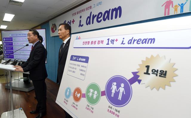 유정복 인천시장이 지난해 12월 18일 시청 브리핑룸에서 인천에서 태어나는 아이에게 18세까지 총 1억 원을 지원하는 인천형 출생 정책 '1억 플러스 아이 드림(i dream)'을 발표하고 있다. 인천시 제공