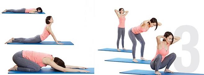 엎드려서 허리 펴고 구부리기와 굿모닝 운동./사진=헬스조선DB