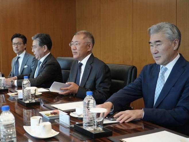 Hyundai Motor Group Executive Chair Chung Euisun (second from right) and key executives attend a meeting with Indonesia's Coordinating Minister for Economic Affairs Airlangga Hartarto in Seoul on Monday. From left are Kim Il-boom, executive vice president at Hyundai's global policy office, Hyundai Motor Company CEO Jang Jae-hoon, Chung and Sung Kim, the group's foreign affairs advisor. (Coordinating Ministry for Economic Affairs of Indonesia)