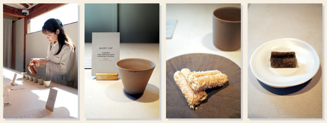 왼쪽 사진부터 블루보틀 스튜디오 서울에서 ‘쇼트 컵’을 준비하는 모습. 커피 맛의 응축감이 느껴지는 쇼트 컵. 오른쪽 두 장의 사진은 커피에 곁들인 메종엠오의 두 가지 디저트.