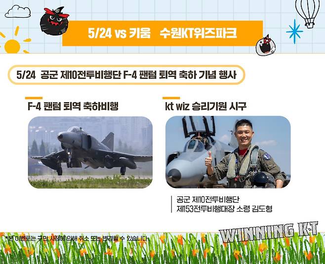 KT 위즈가 24일 키움과의 홈경기에서 공군 전투기 F-4 팬텀의 퇴역 축하 행사를 진행한다. (KT 제공)