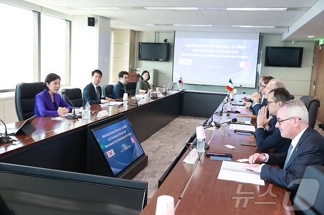 오영주 중소벤처기업부 장관(맨 왼쪽)이 22일 서울 영등포구 63빌딩에서 프랑스경제인연합회(MEDEF) 소속 기업인과 스타트업 분야 협력 방안을 논의하고 있다.(중소벤처기업부 제공)