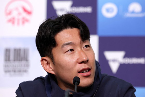 Tottenham Hotspur's Son Heung-min attends a press conference at AAMI Park in Melbourne on Tuesday ahead of a friendly match against Newcastle United. [AFP/YONHAP]