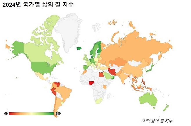 삶의 질 지수는 구매력, 오염 수준, 주택 가격, 생활비. 안전, 의료 품질 등 삶의 질에 영향을 미치는 다양한 요소를 고려하여 도시나 국가의 전반적인 삶의질을 평가한 것이다. 지도에서 붉은색 계열쪽으로 갈수록 삶의 질 지수가 낮은 편이고 초록색 계열쪽으로 갈수록 삶의 질이 높은 나라를 나타낸다. 캐나다는 삶의 질 지수가 세계 33위이다. 2024. 05. 22(출처: NUMBEO 홈페이지 자료)