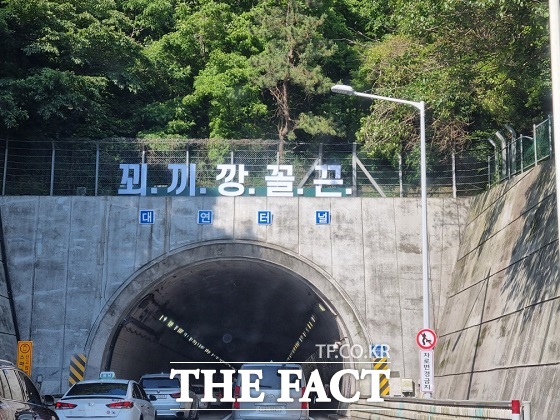최근 부산 도시고속도로 대연터널 위에 ‘꾀·끼·깡·꼴·끈’이라는 뜻을 알 수 없는 문구가 설치돼 시민들의 이목을 끌었다./독자 제공