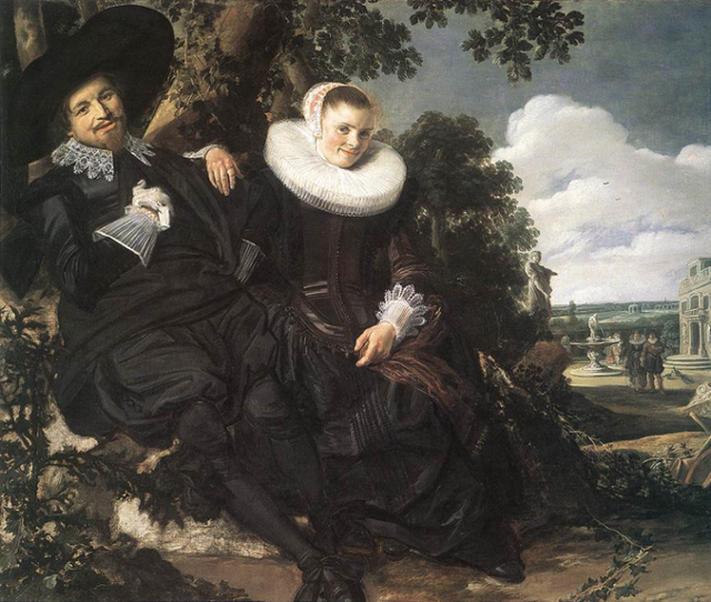 프란스 할스, '부부 초상화'(이삭 마사와 베아트릭스 반 데어 라엔 추정), 1622년, 140×166㎝, 네덜란드 암스테르담 라익스 뮤지엄. 심장이 뛰는 왼쪽 가슴으로 향한 남편의 손, 반지를 낀 아내의 손가락, 포도 넝쿨과 엉겅퀴까지 모두 결혼을 상징하는 요소다.