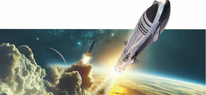 지구에서 ‘로켓 비행기’로 사용될 가능성이 있는 스페이스X의 우주선 스타십 운행 상상도.
