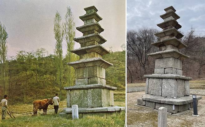 하남 동사지 오층석탑 1971년(왼쪽)과 2024년. 셀수스협동조합 제공