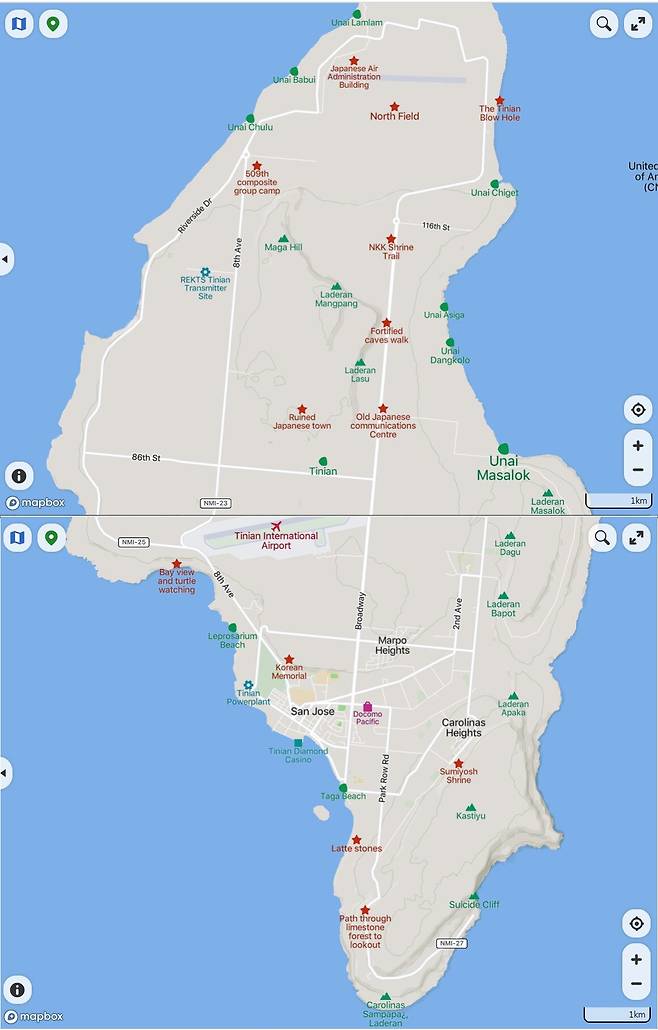 티니안 섬의 모양은 S라인으로 한반도와 기본형태가 비슷하다.