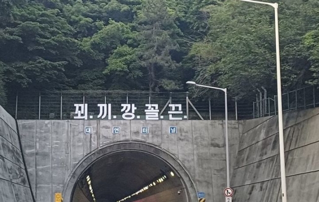 부산 도시고속도로 대연터널 위에 '꾀끼깡꼴끈'이란 문구가 등장했다. (출처=온라인 커뮤니티)